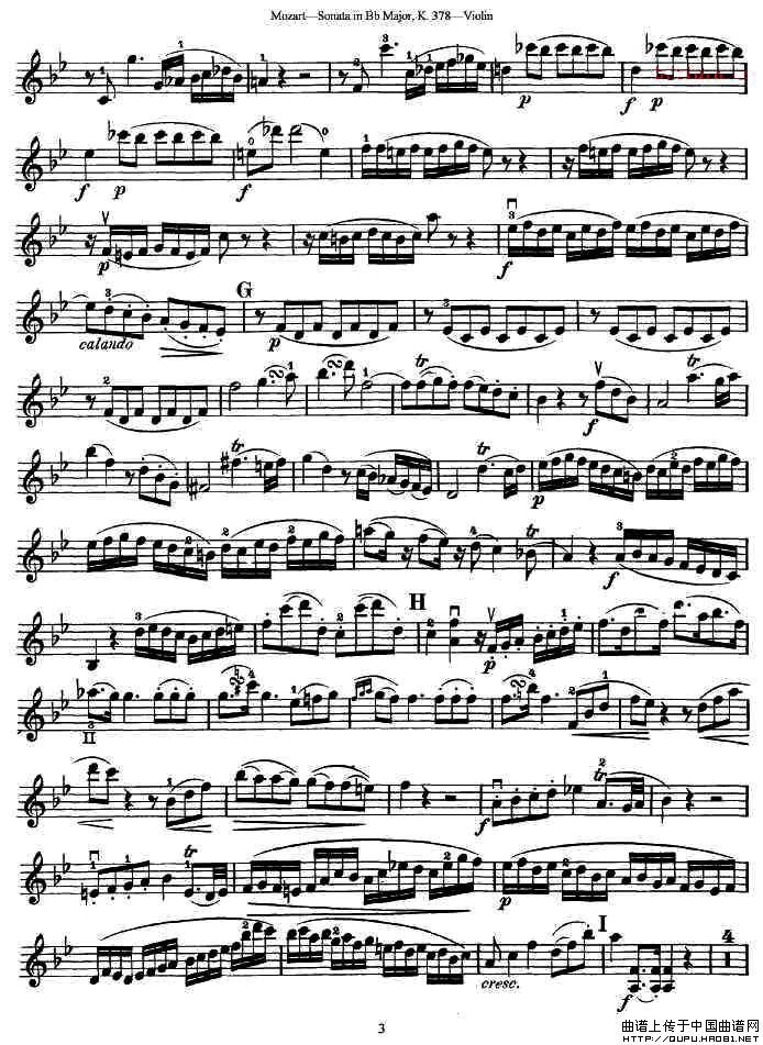 莫扎特小提琴奏鸣曲降B大调（k.378）小提琴谱