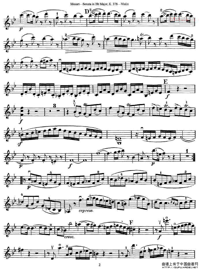莫扎特小提琴奏鸣曲降B大调（k.378）小提琴谱