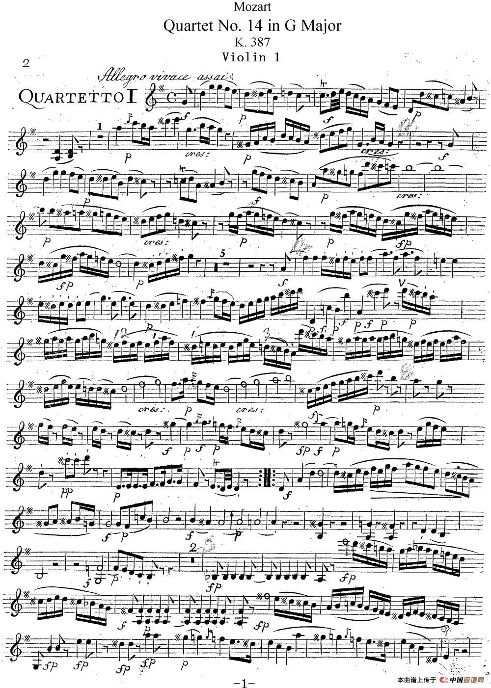 Mozart《Quartet No.14 in G Major,K.387》（Violin 1分谱）