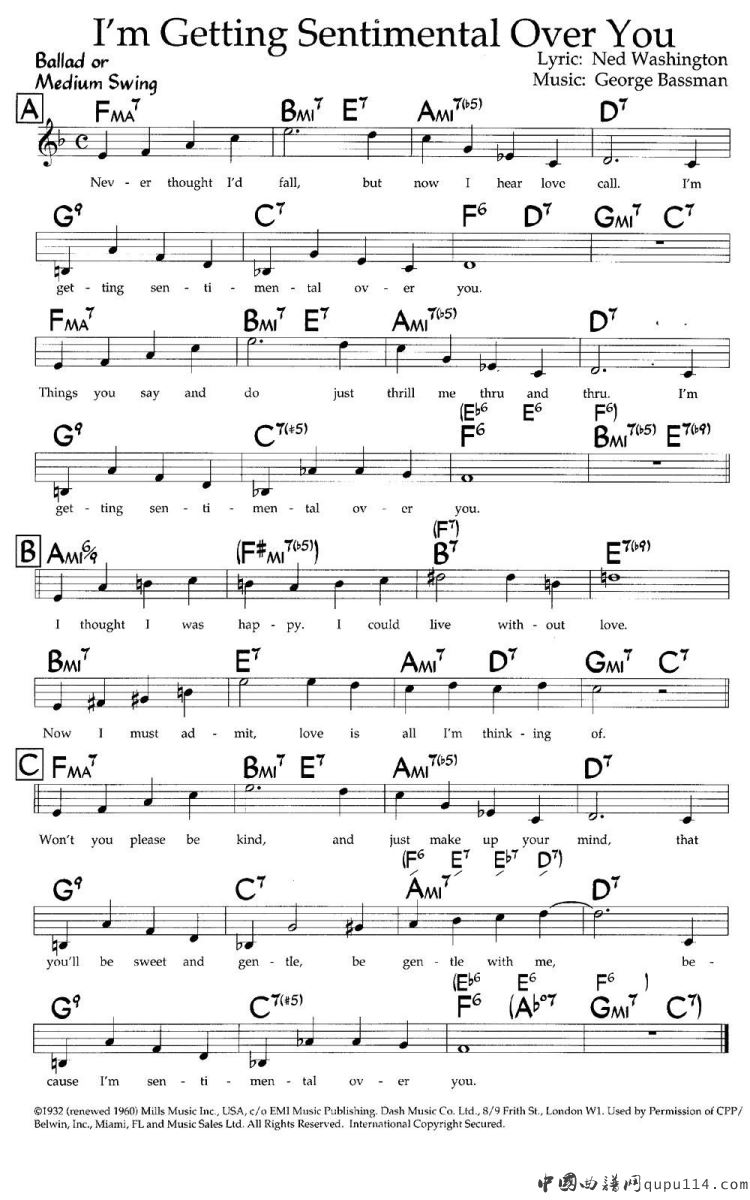 I\m Getting Sentimental Over You（带和弦五线谱）