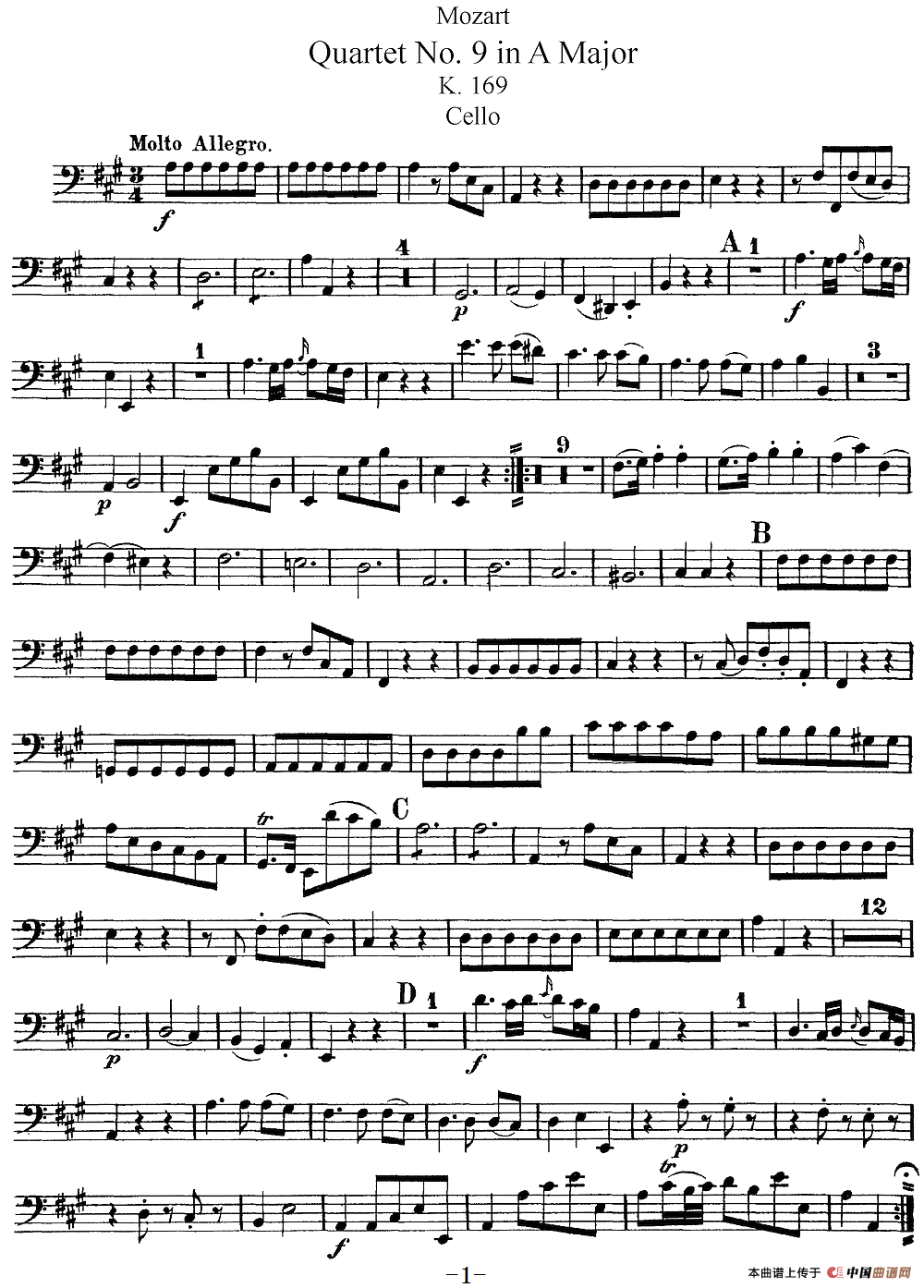 Mozart《Quartet No.9 in A Major,K.169》（Cello分谱）