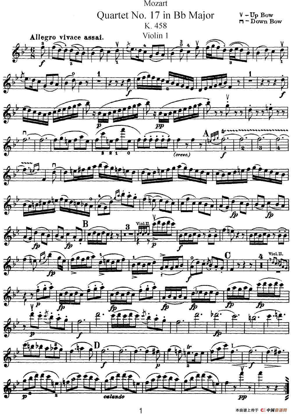 Mozart《Quartet No.17 in Bb Major,K.458》（Violin 1分谱）