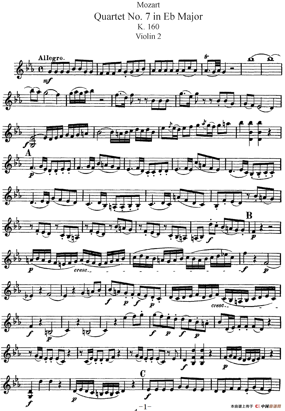 Mozart《Quartet No.7 in Eb Major,K.160》（Violin 2分谱）