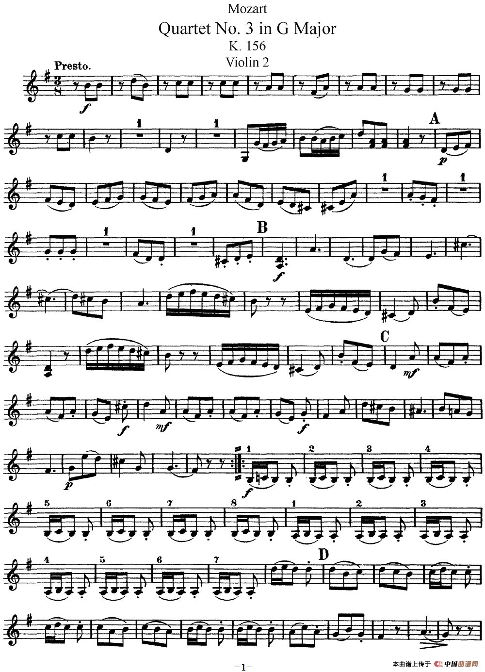 Mozart《Quartet No.3 in G Major,K.156》（Violin 2分谱）