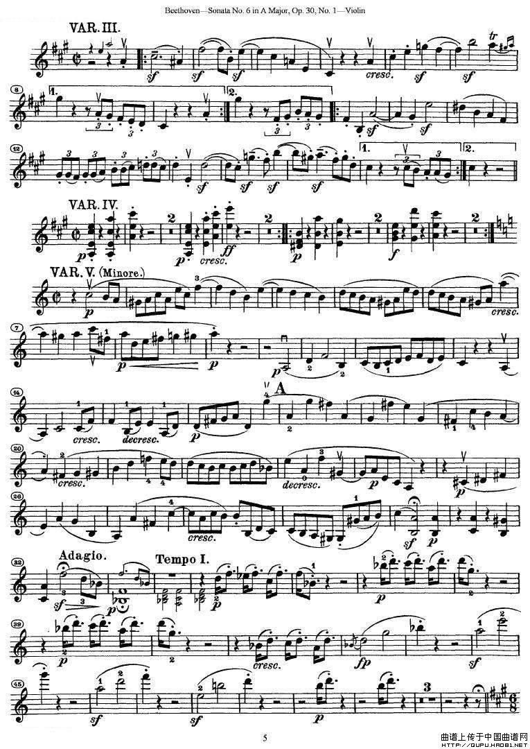 贝多芬第六号奏鸣曲A大调（小提琴谱）