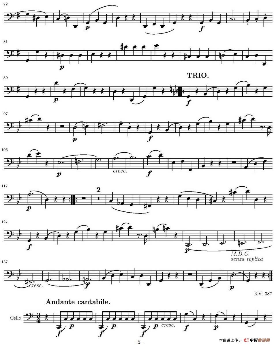 String Quartet KV.387（弦乐四重奏大提琴分谱）