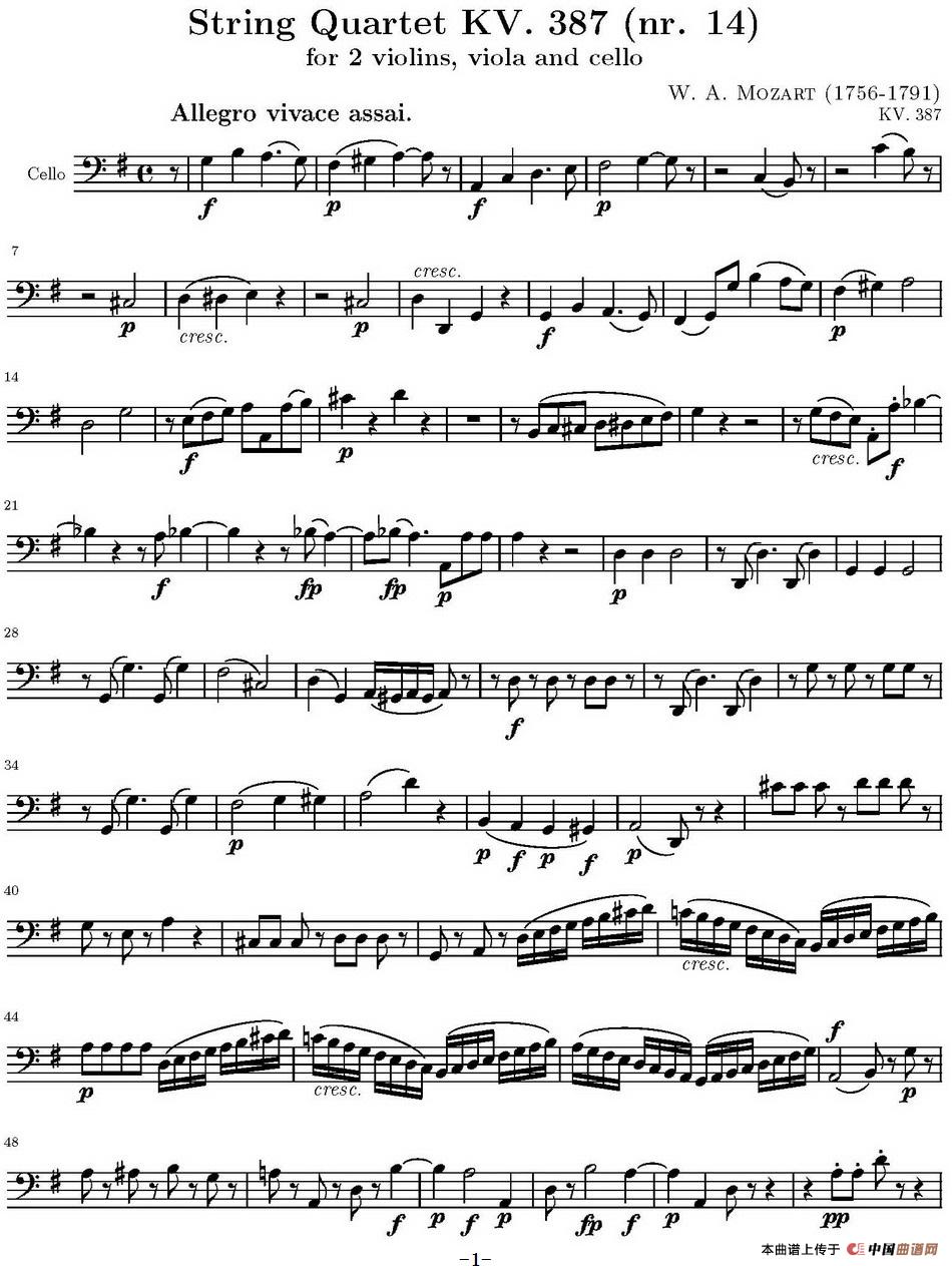 String Quartet KV.387（弦乐四重奏大提琴分谱）