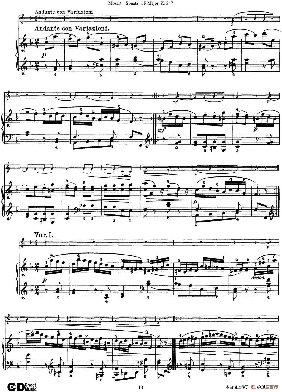 Violin Sonata in F Major K.547（小提琴+钢琴伴奏）