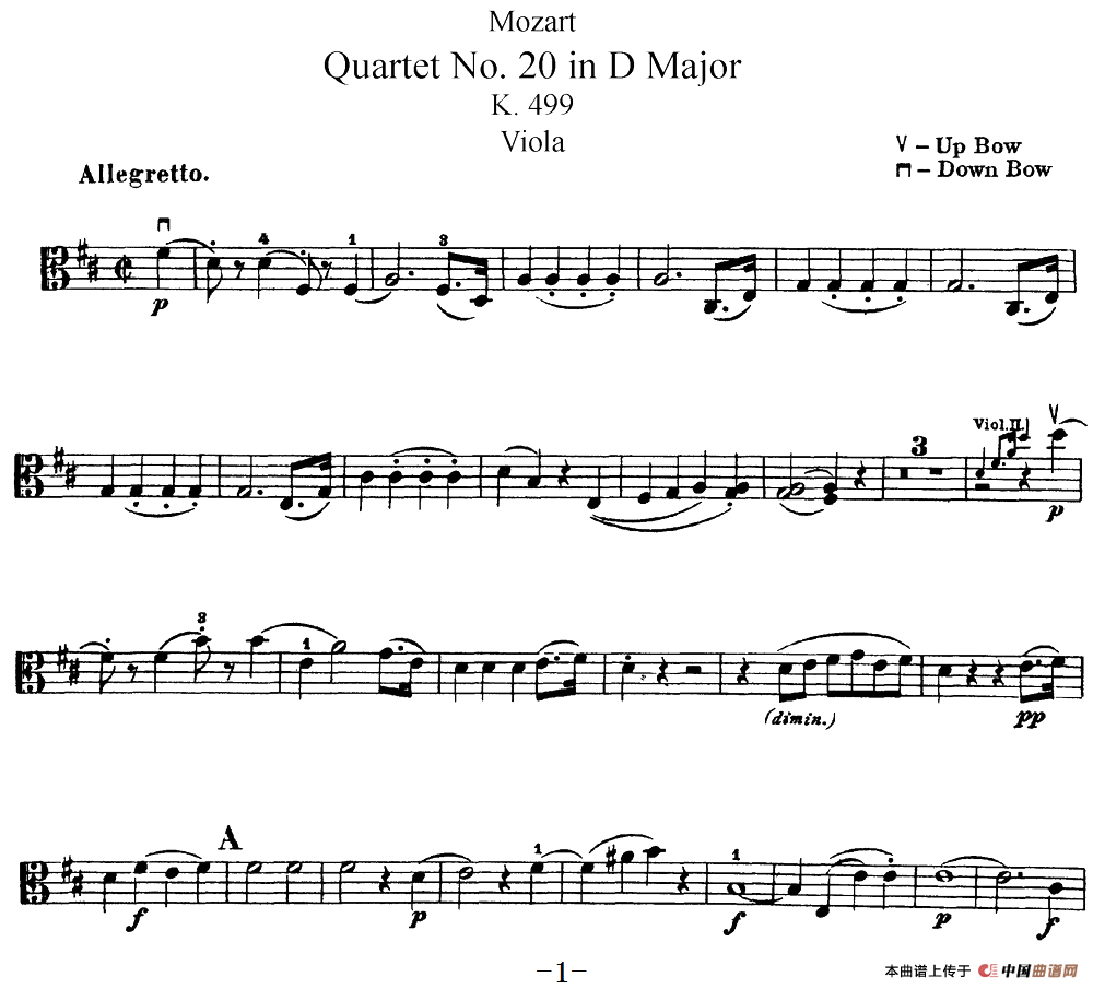 Mozart《Quartet No.20 in D Major,K.499》（Viola分谱）