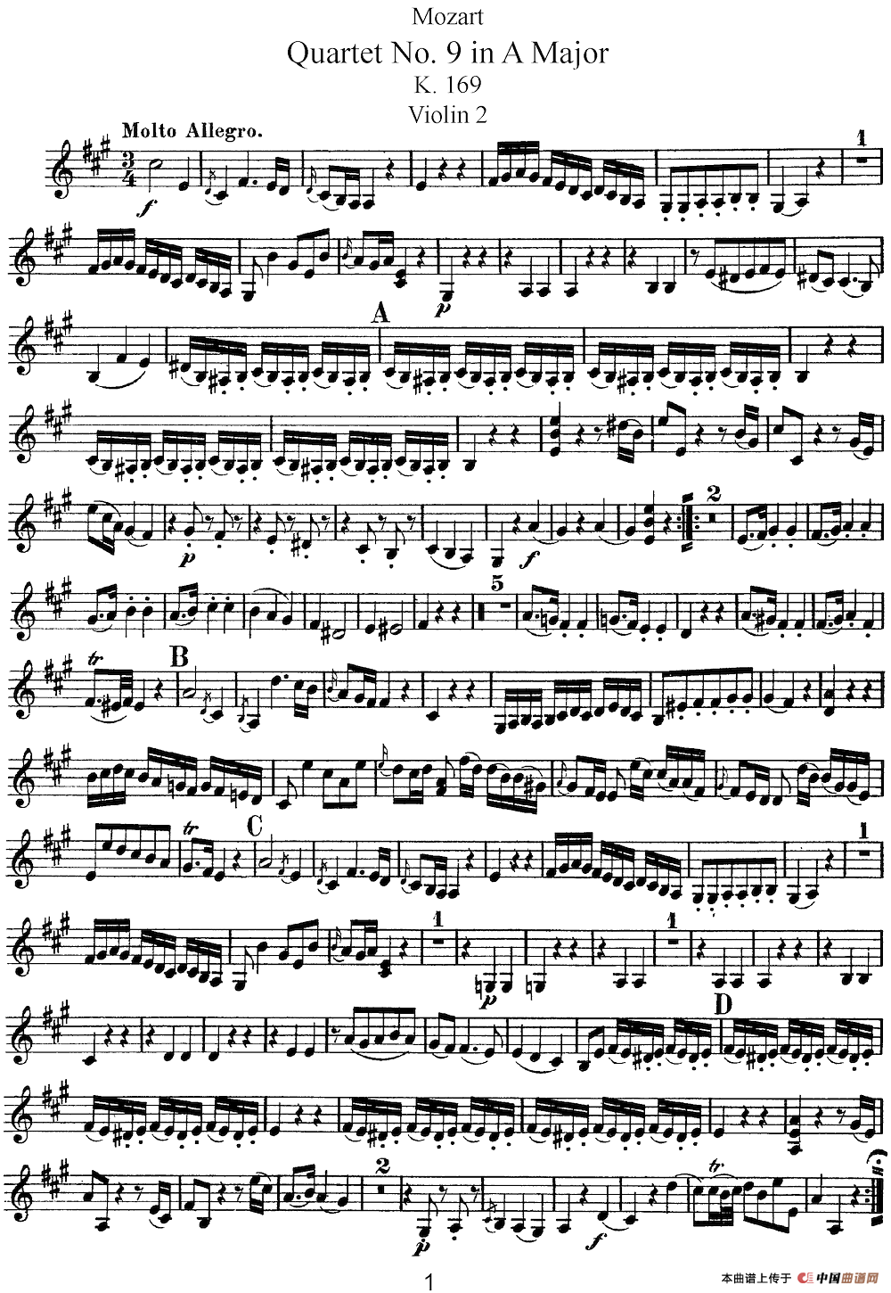 Mozart《Quartet No.9 in A Major,K.169》（Violin 2分谱）