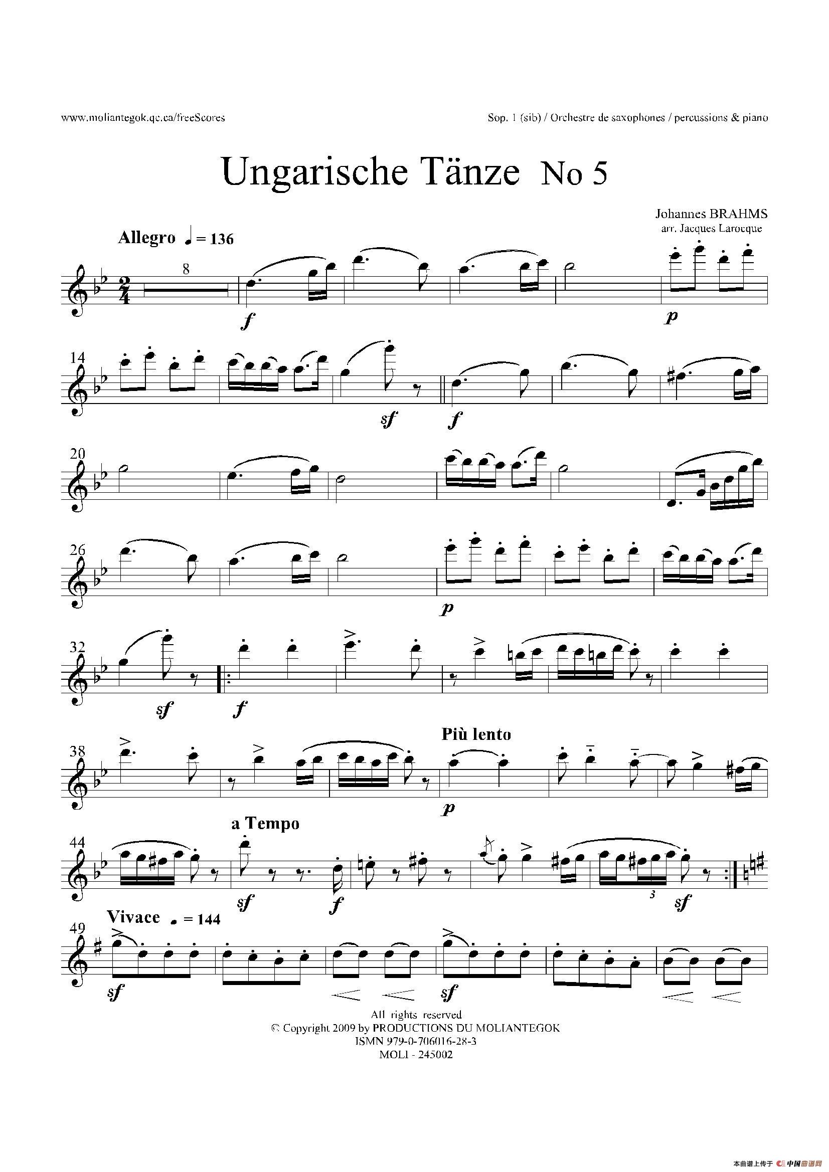 Ungarische Tnze No5十五重奏分谱萨克斯谱