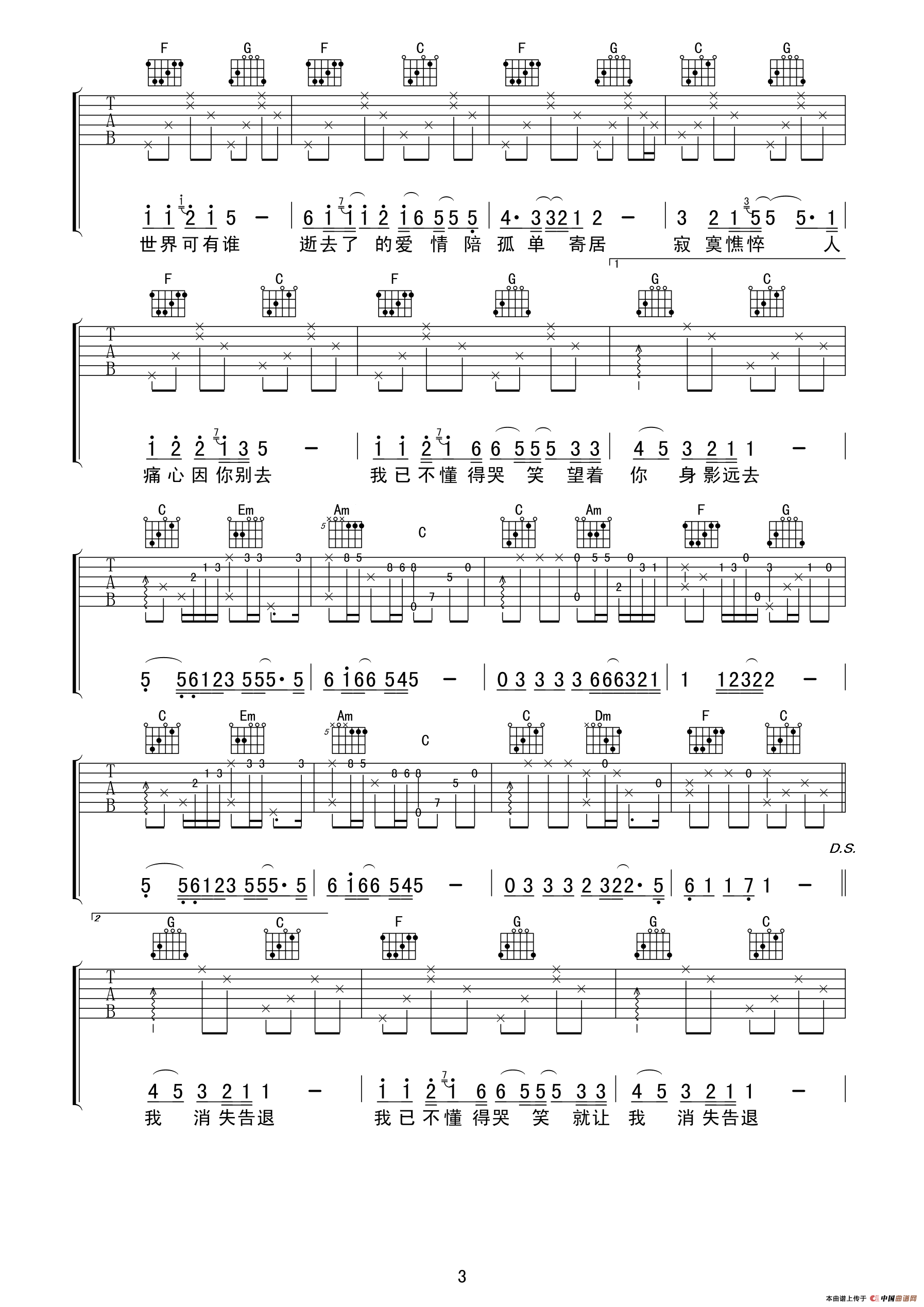 谭咏麟《情凭谁来定错对》高清吉他谱（吉他六