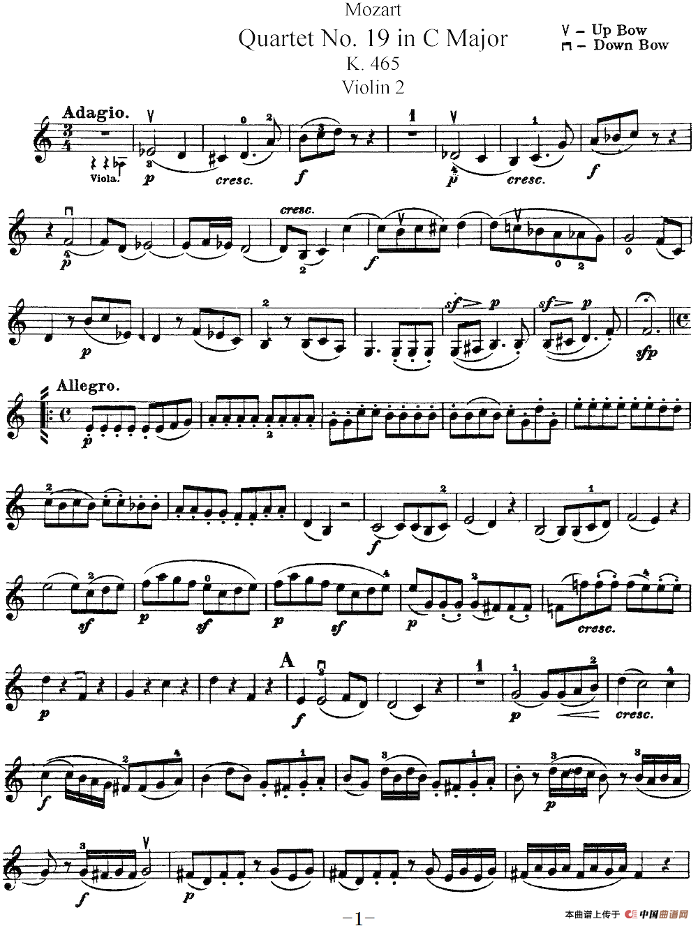 Mozart《Quartet No.19 in C Major,K.465》（Violin 2分谱）