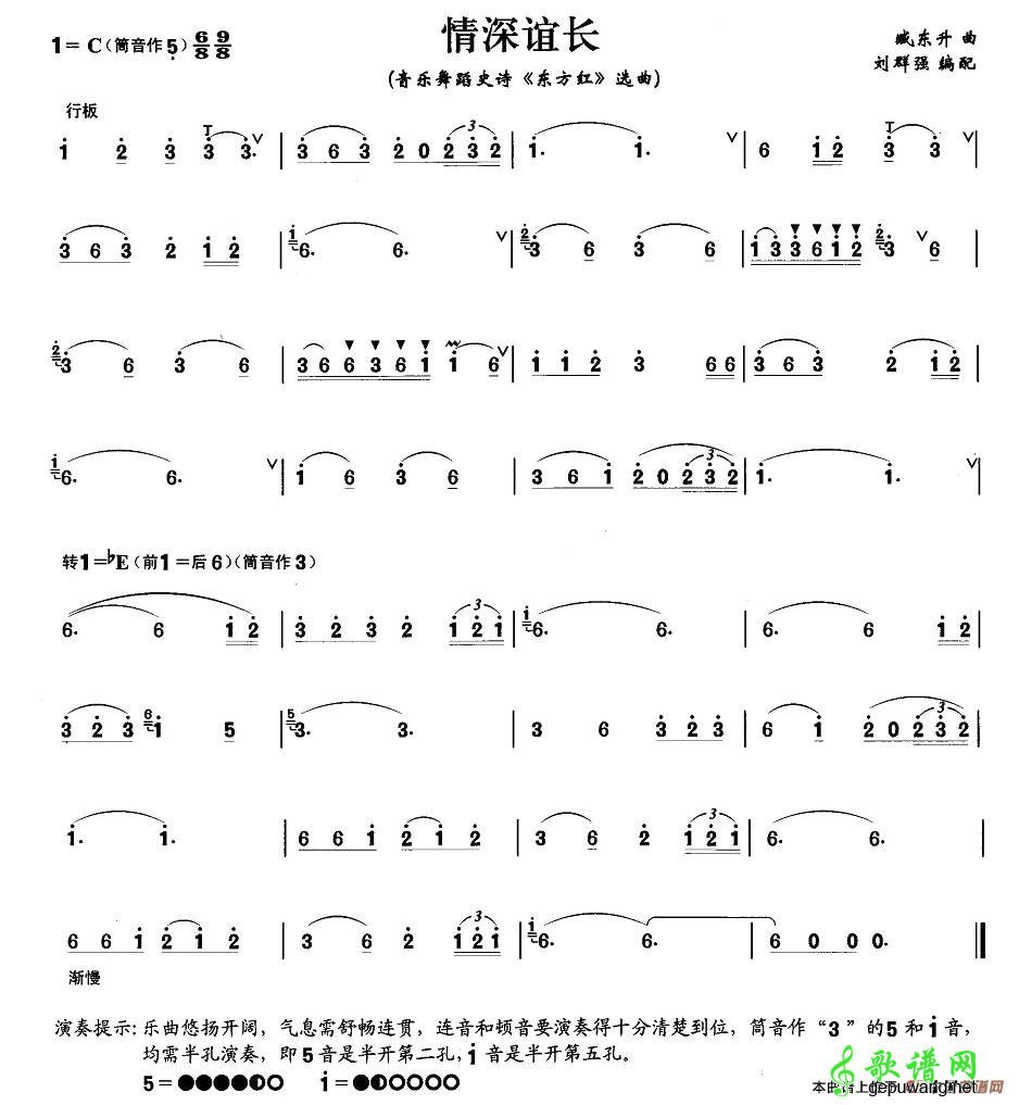 笛子简谱：情深谊长 《东方红》笛子谱