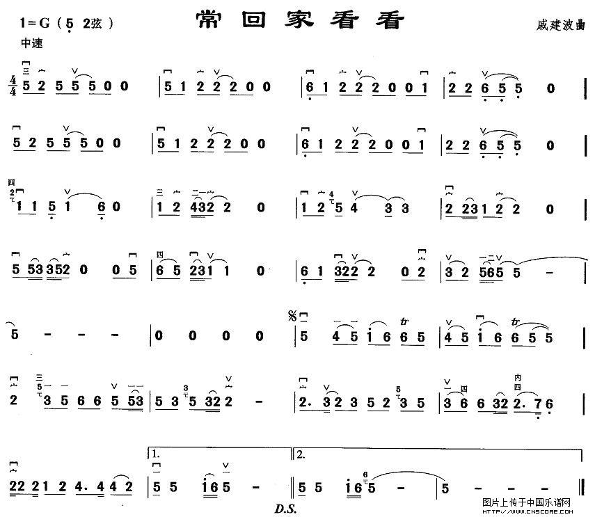 曲谱名：常回家看看二胡谱