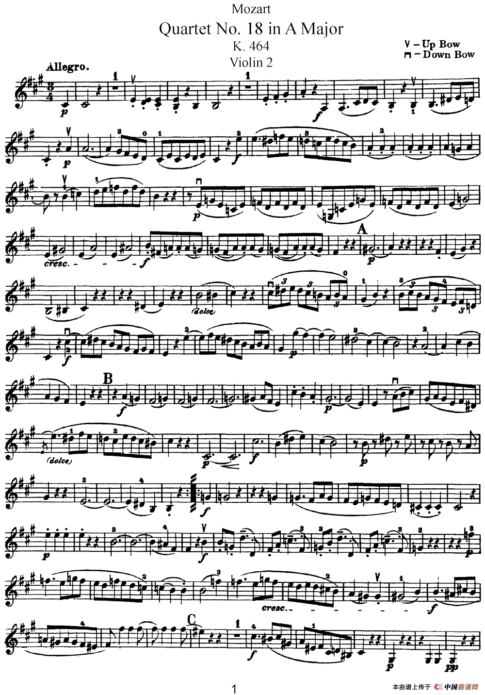 Mozart《Quartet No.18 in A Major,K.464》（Violin 2分谱）