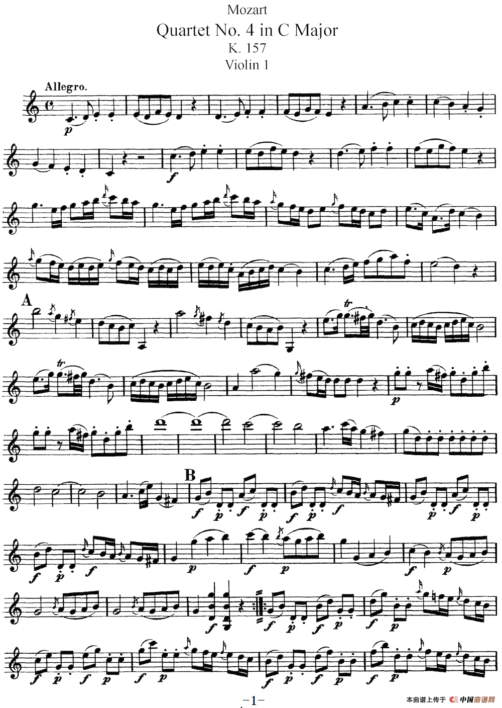 Mozart《Quartet No.4 in C Major,K.157》（Violin 1分谱）