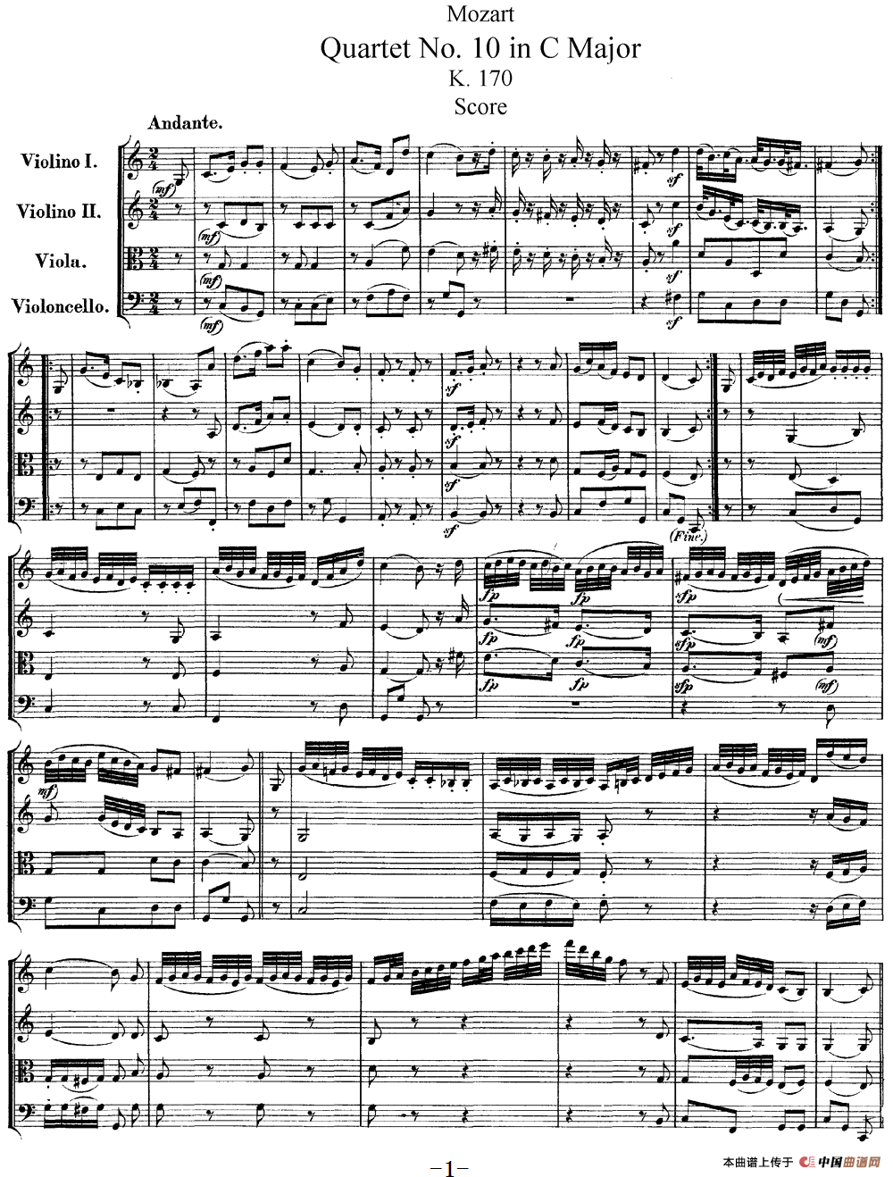 Mozart《Quartet No.10 in C Major,K.170》（总谱）