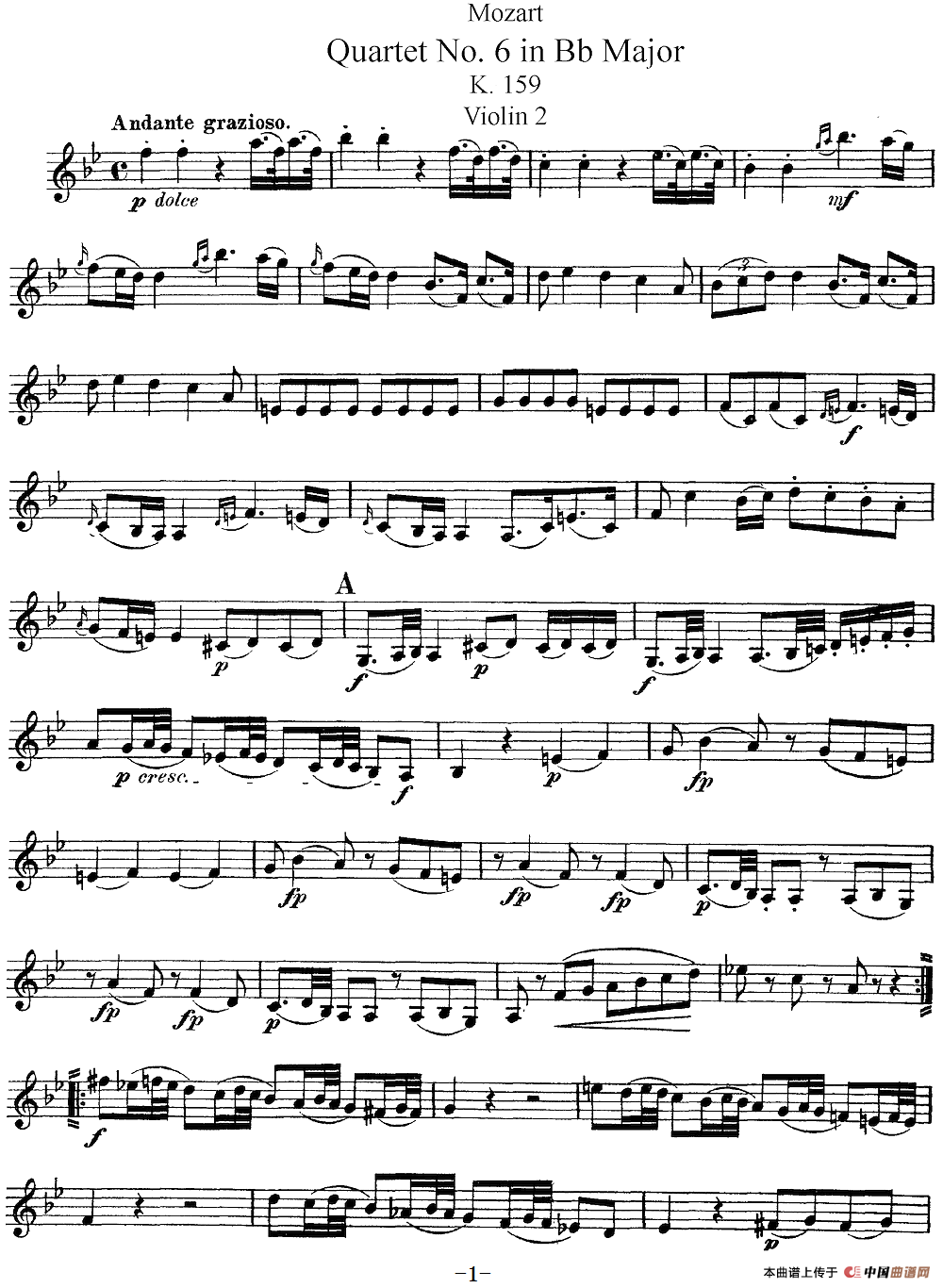 Mozart《Quartet No.6 in Bb Major,K.159》（Violin 2分谱）
