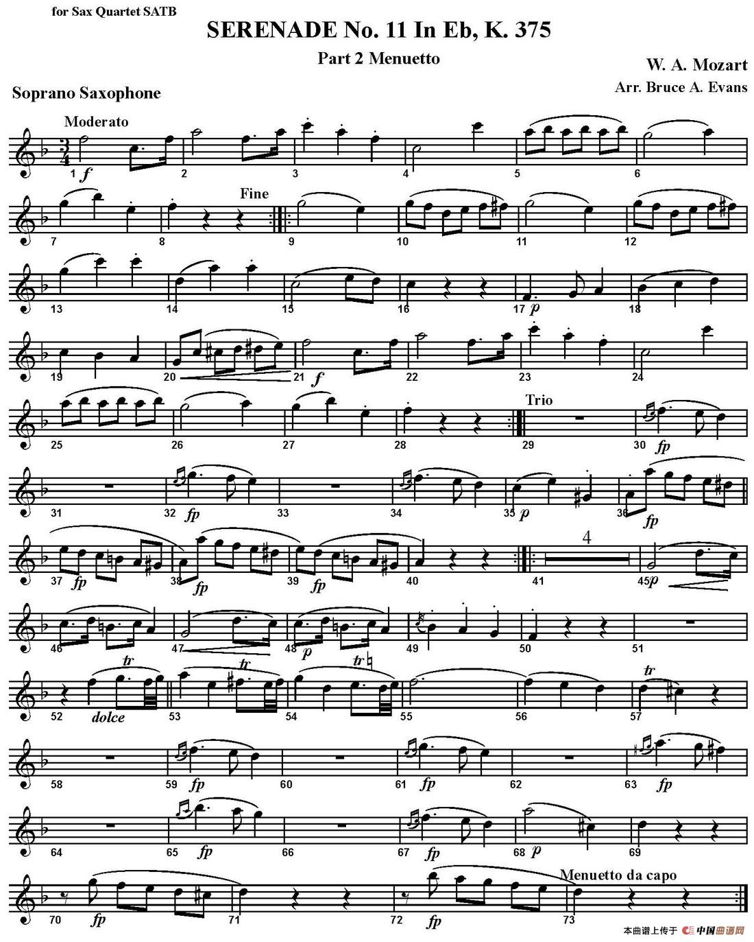 SERENADE No.11 in Eb，K.375 Part 2 Menuetto（四重奏·高音