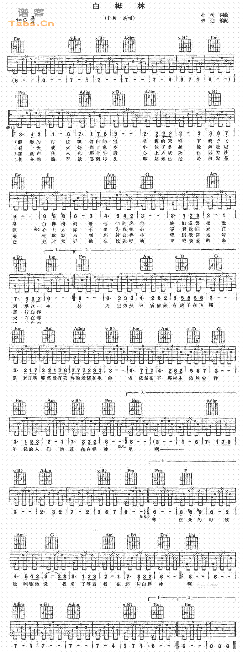 白桦林（喀什怒放编配版）吉他谱