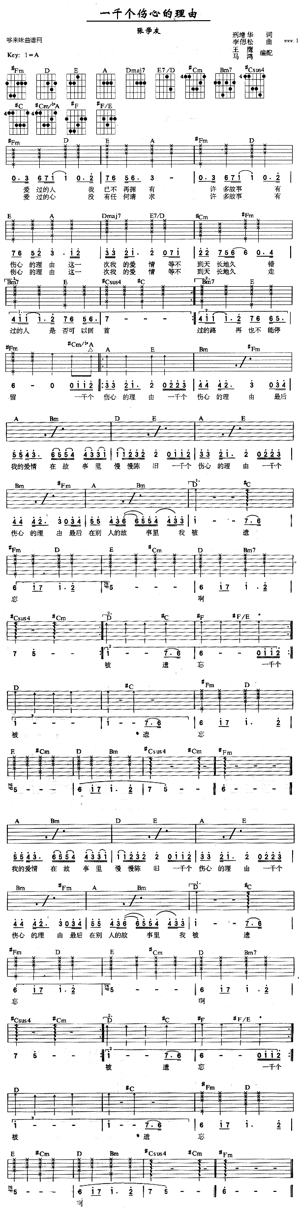 一千个伤心的理由 (张学友 )吉他谱