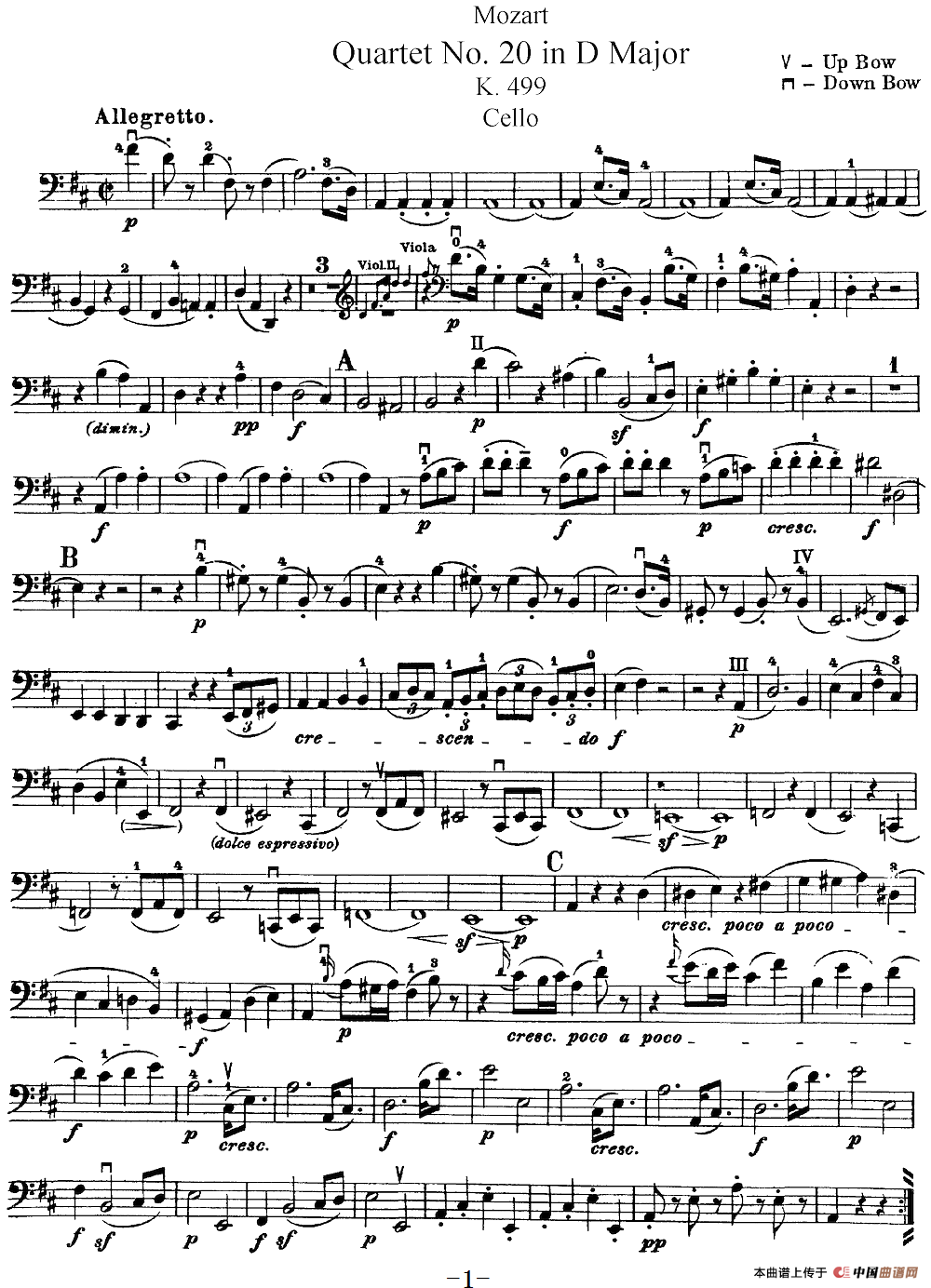 Mozart《Quartet No.20 in D Major,K.499》（Cello分谱）