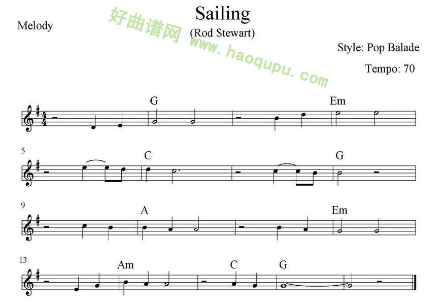 《Sailing》 电子琴简谱