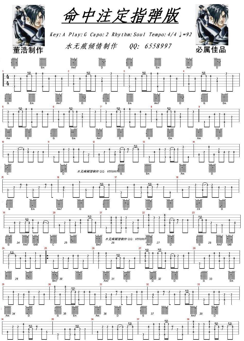 命中注定（指弹独奏完美自制图片谱）吉他谱