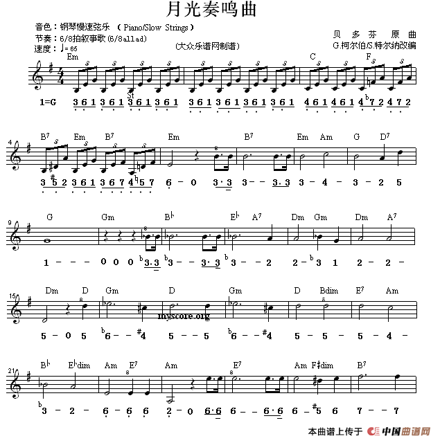 月光奏鸣曲（线简谱混排版）电子琴谱