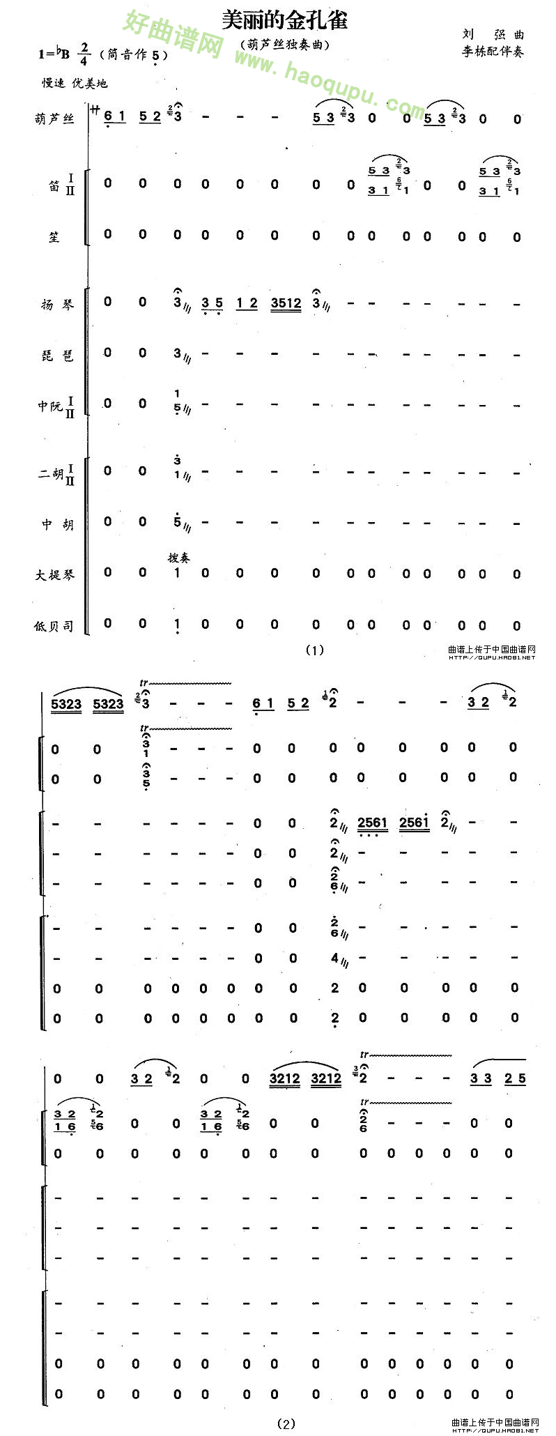 《美丽的金孔雀》（刘强作曲版 [带伴奏总谱]）葫芦丝曲谱第2张