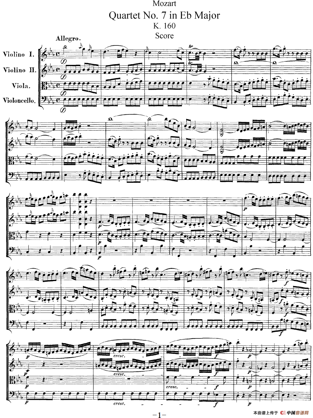 Mozart《Quartet No.7 in Eb Major,K.160》（总谱）