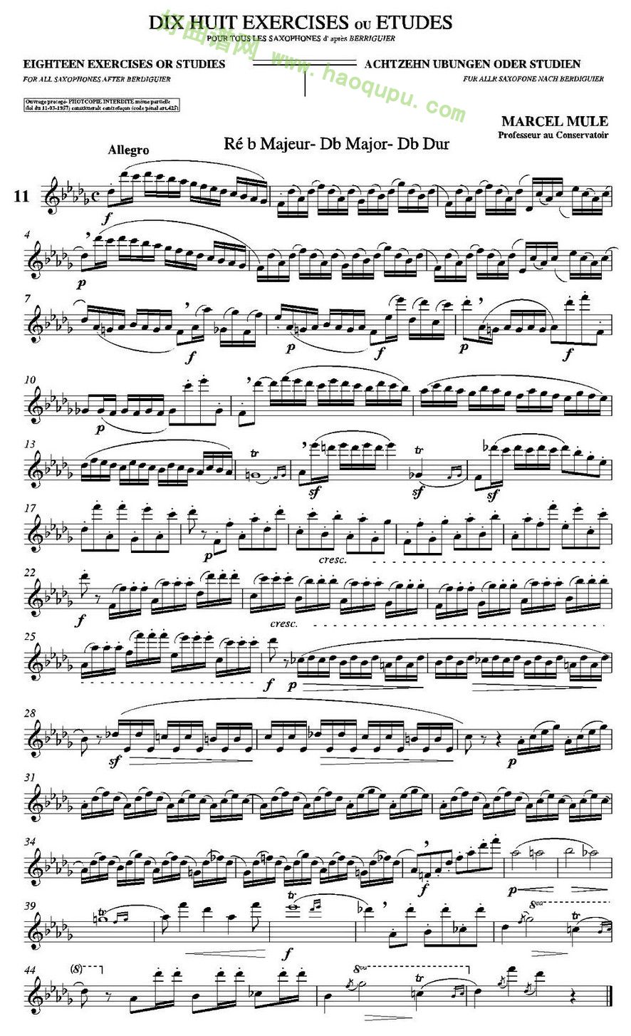 《马瑟·穆勒18首练习曲》（11） 萨克斯简谱