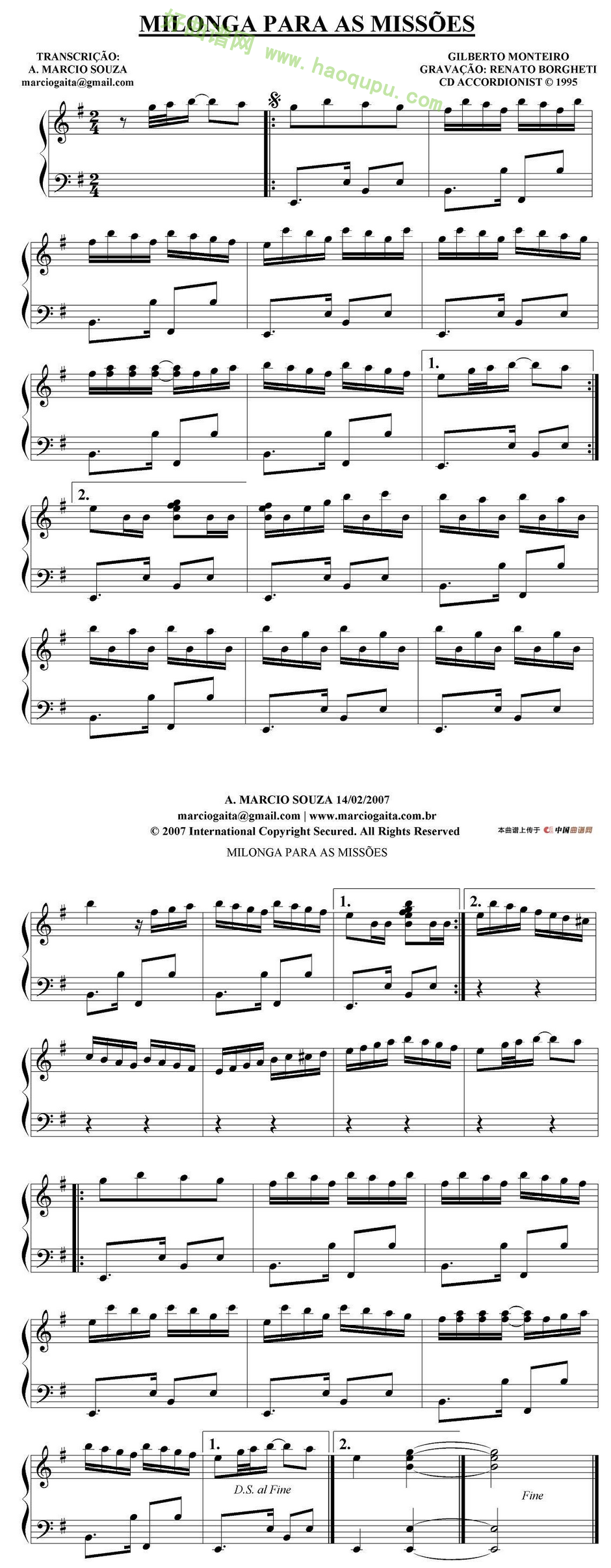 《Milonga Para As Missoes》 （秋日起舞）手风琴曲谱