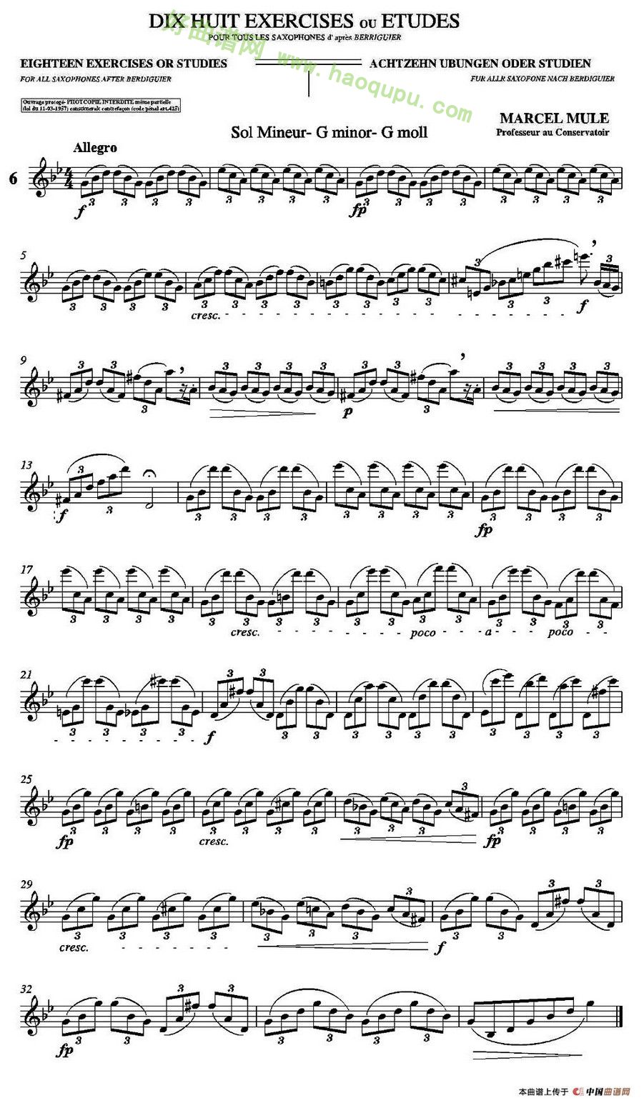 《马瑟·穆勒18首练习曲》（6）萨克斯简谱