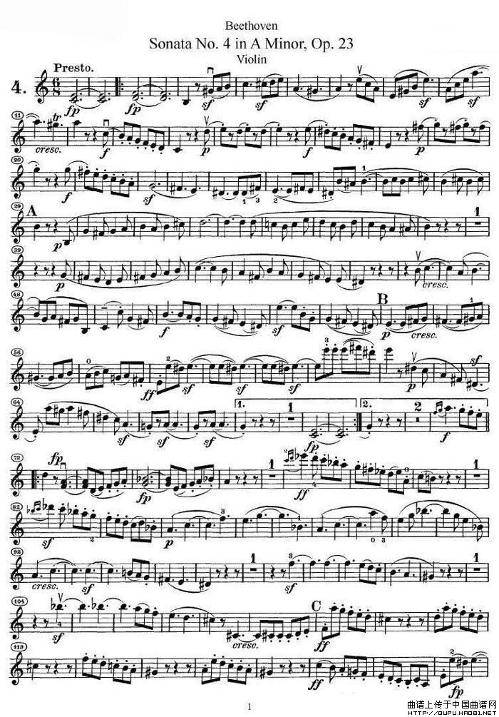 贝多芬第四号小提琴奏鸣曲a小调op.23小提琴谱
