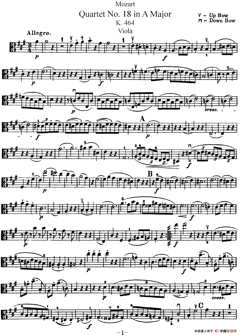 Mozart《Quartet No.18 in A Major,K.464》（Viola分谱）