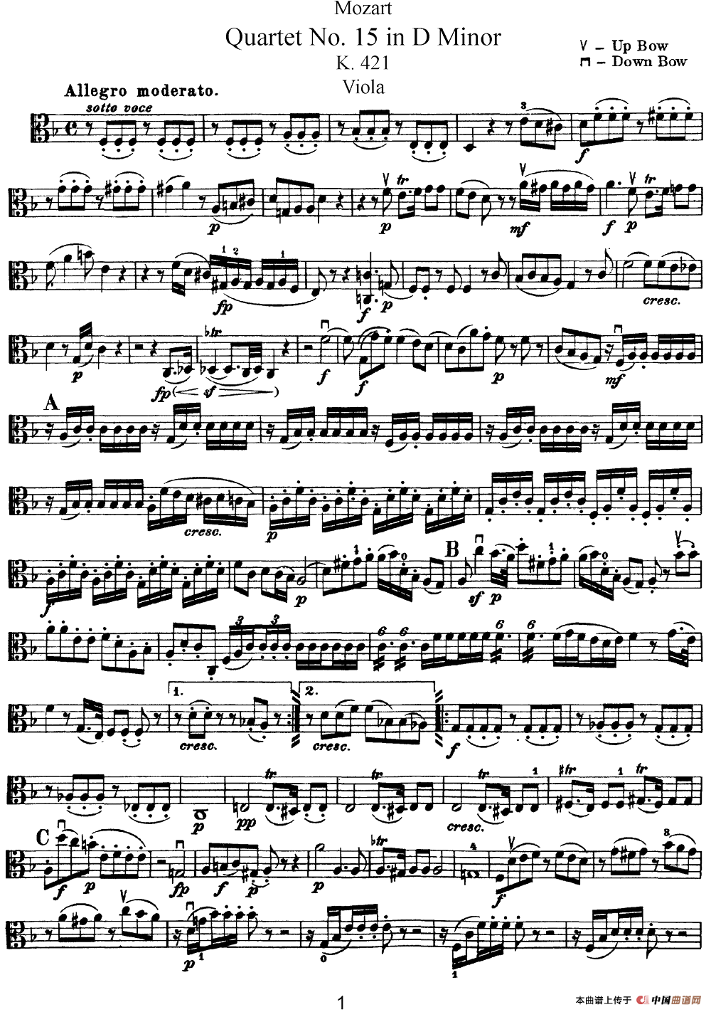 Mozart《Quartet No.15 in D Minor,K.421》（Viola分谱）