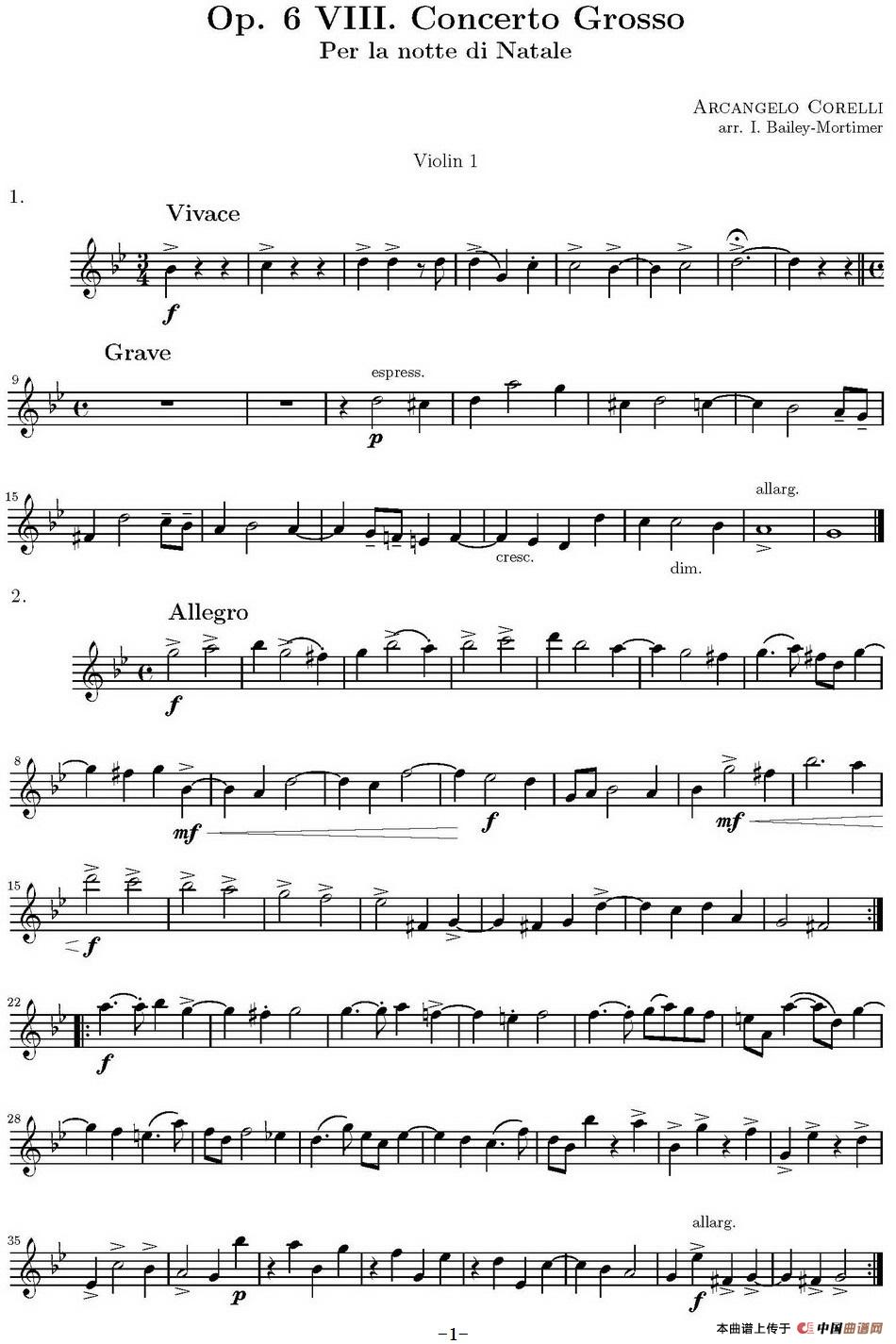 Op.6 VIII. Concerto Grosso（大协奏曲）（四重奏第一小