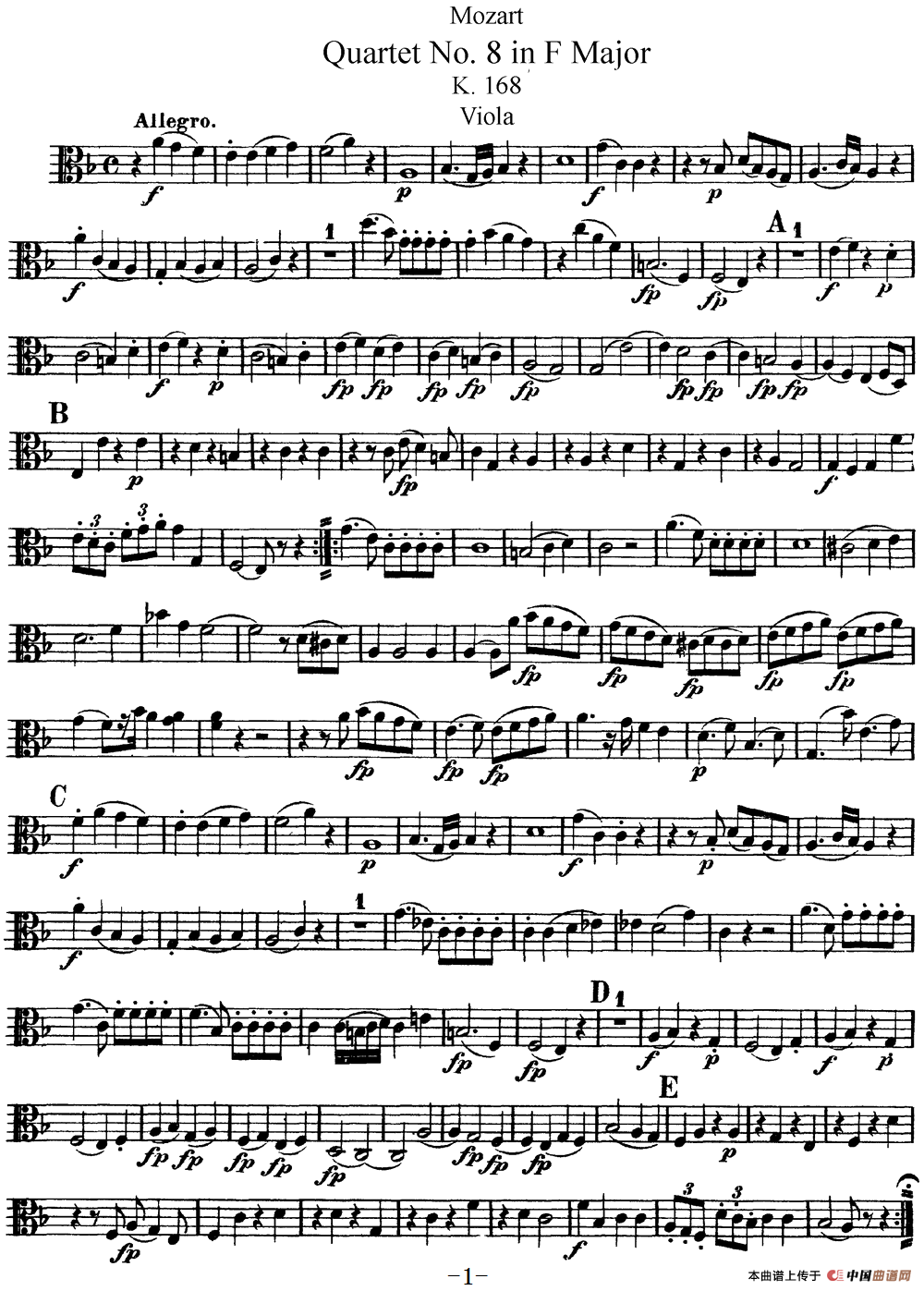 Mozart《Quartet No.8 in F Major,K.168》（Viola分谱）