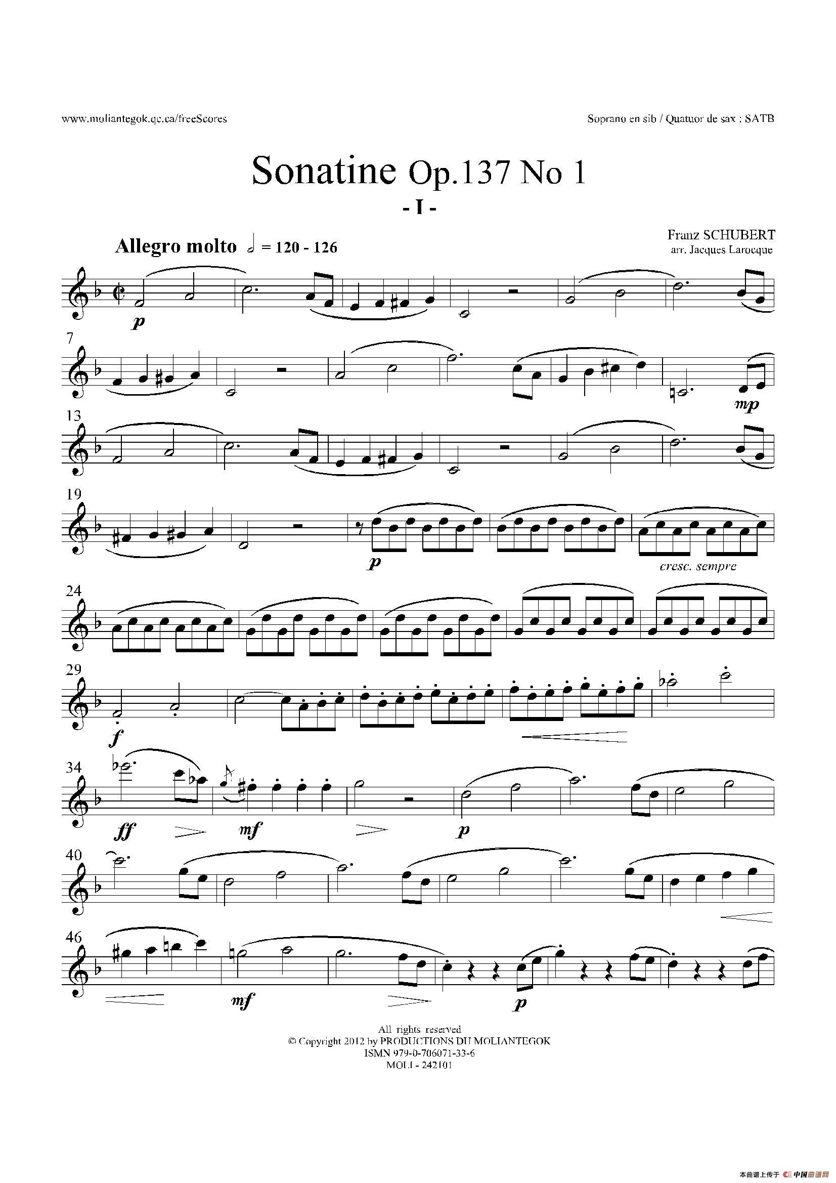 Sonatine Op.137 No 1（四重奏高音萨克斯分谱）