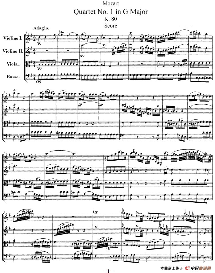 Mozart《Quartet No.1 in G Major,K.80》（总谱）