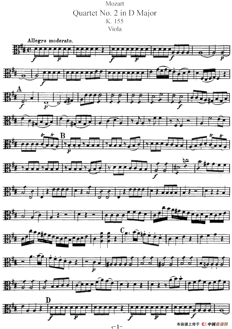 Mozart《Quartet No.2 in D Major,K.155》（Viola分谱）