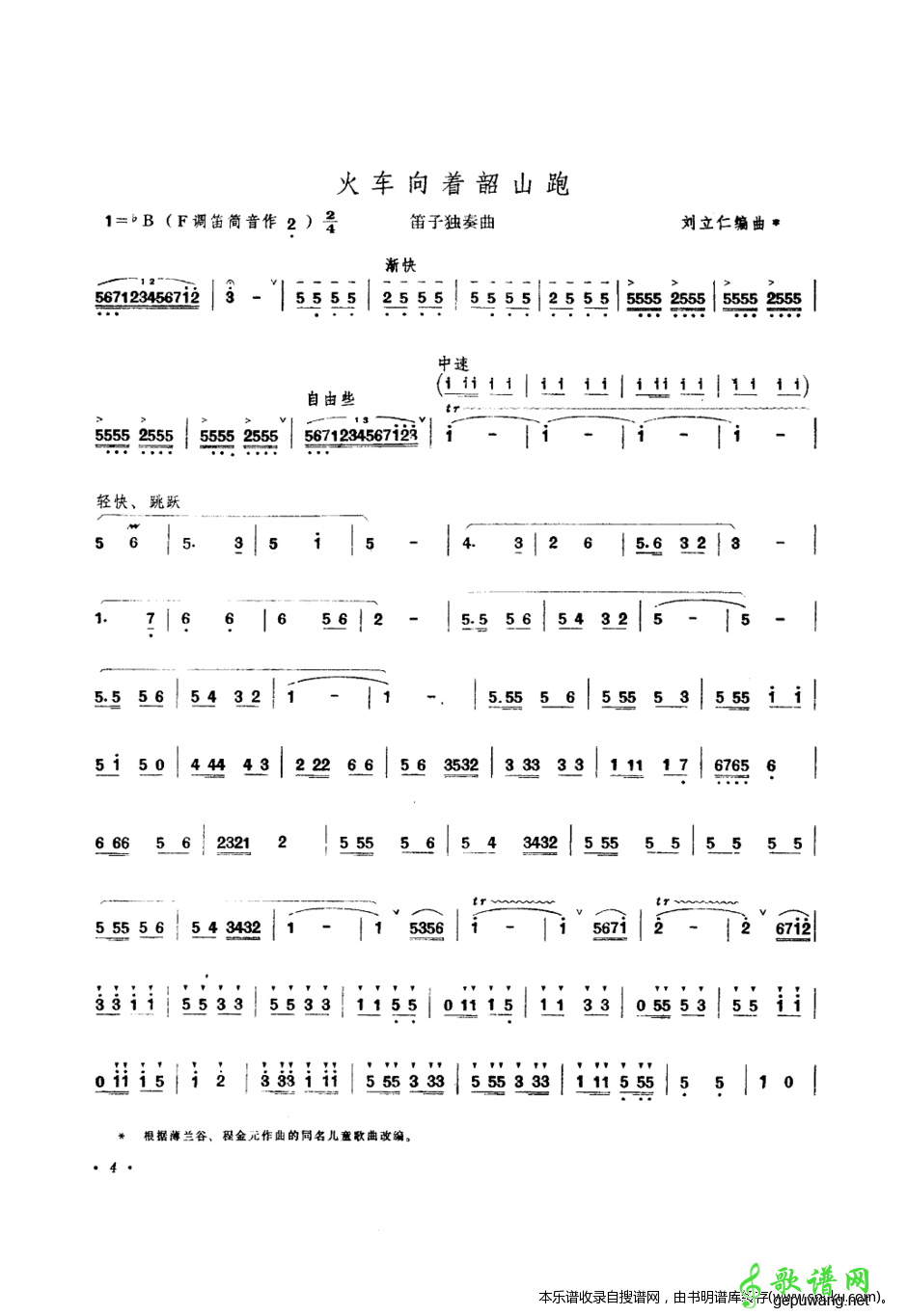 笛子简谱：火车向着韶山跑