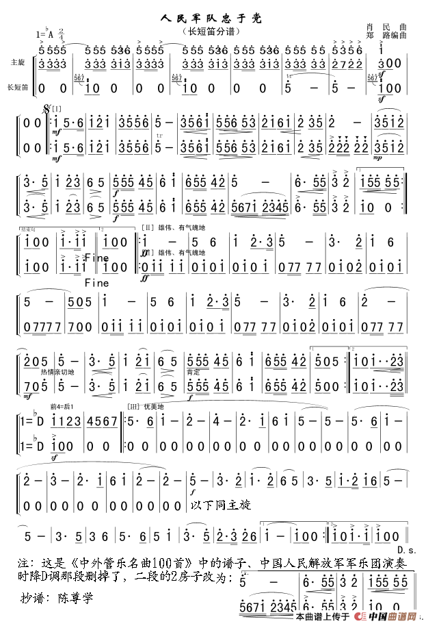 人民军队忠于党（主旋、长短笛分谱简谱）
