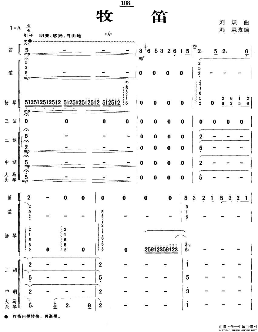 牧笛（笛子独奏+民乐队伴奏总谱）