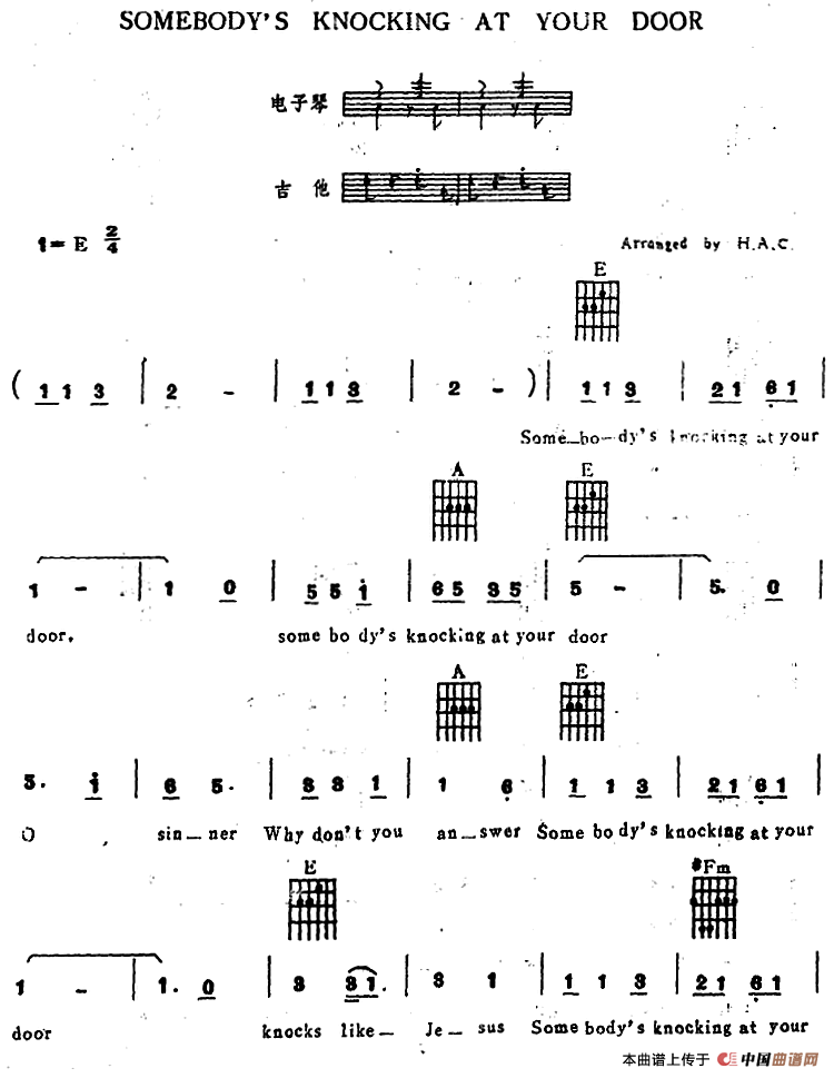 SOMEBODY′S KNOCKING AT YOUR DOOR（电子琴吉他弹唱谱）
