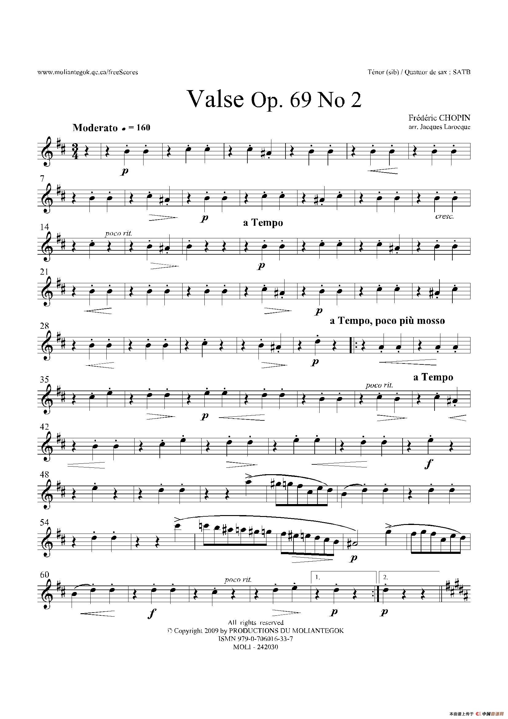 b小调圆舞曲 Op.69 No.2（四重奏次中音萨克斯分谱