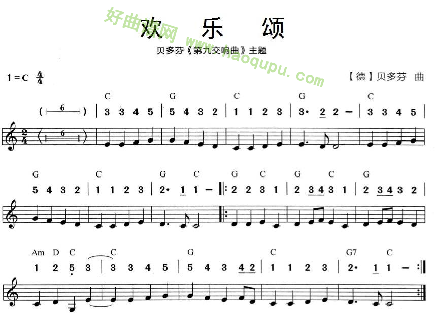 《欢乐颂》（贝多芬《第九交响曲》主题）口琴简谱