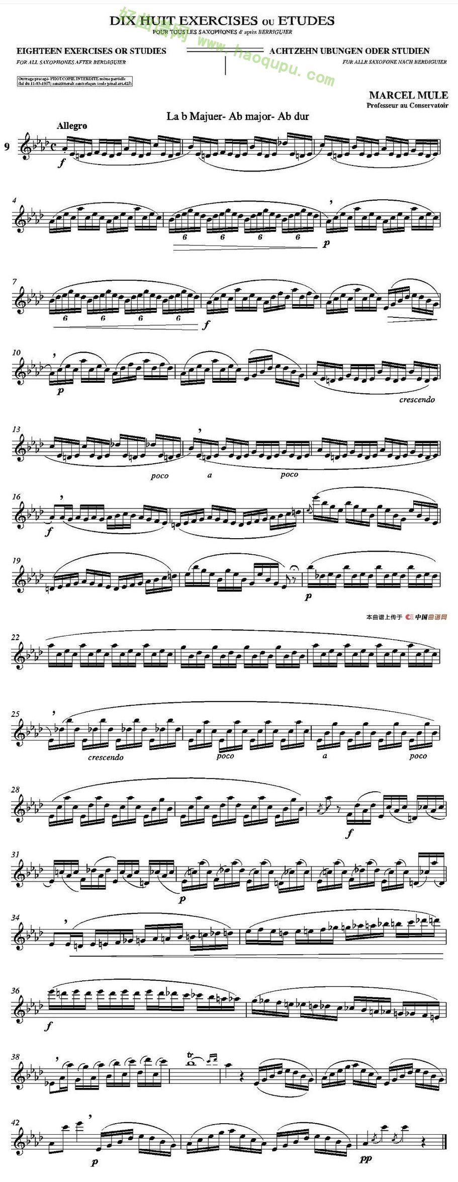 《马瑟·穆勒18首练习曲》（9） 萨克斯简谱